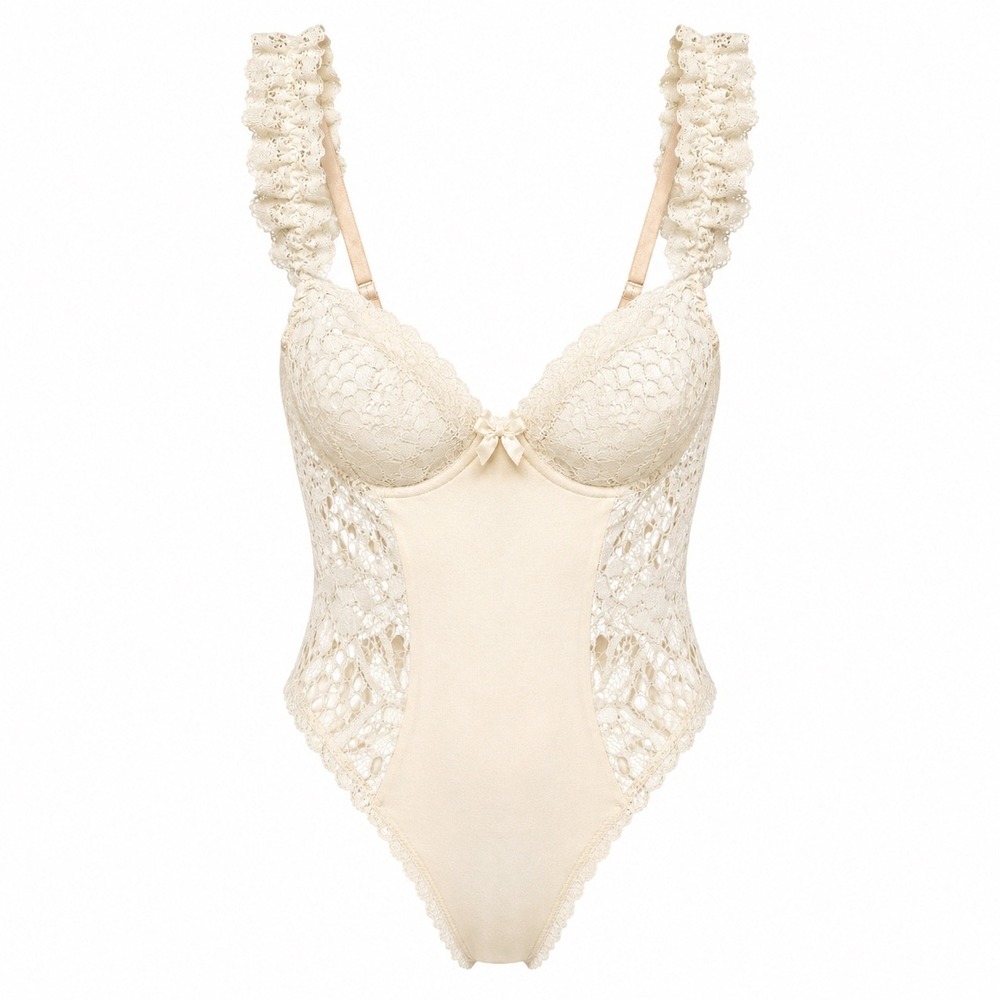 Escante Cream Floral Lace Ruffle Strap cotton blend Underwire Bodysuit Large NEW